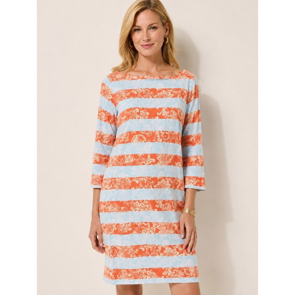 J McLaughlin Sheath Dress XL Orange Paisley Stripe 3/4 Sleeve Catalina Cloth